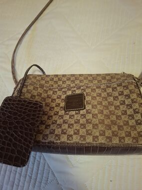 Vintage Liz Claiborne Brown and Tan Monogram Canvas Crossbody Bag